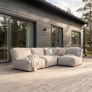 Skärgård beige hörnsoffa med öppna avslut 