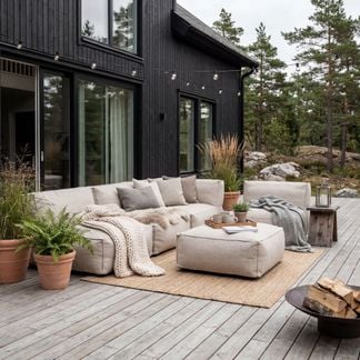 Skärgård beige hörnsoffa med puff